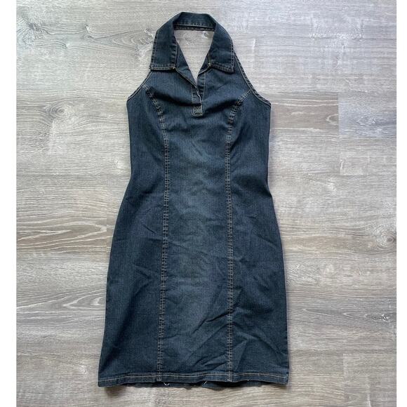 Vtg Y2K Dark Denim Collared Halter Mini Dress Bodycon Sz Large Going Out - Picture 1 of 8